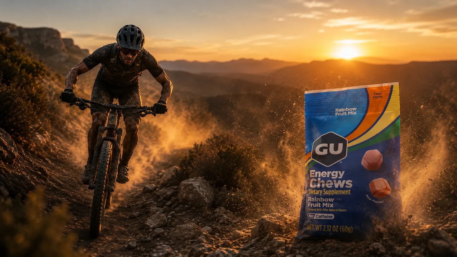 Mountain biker descending a dusty singletrack at sunset