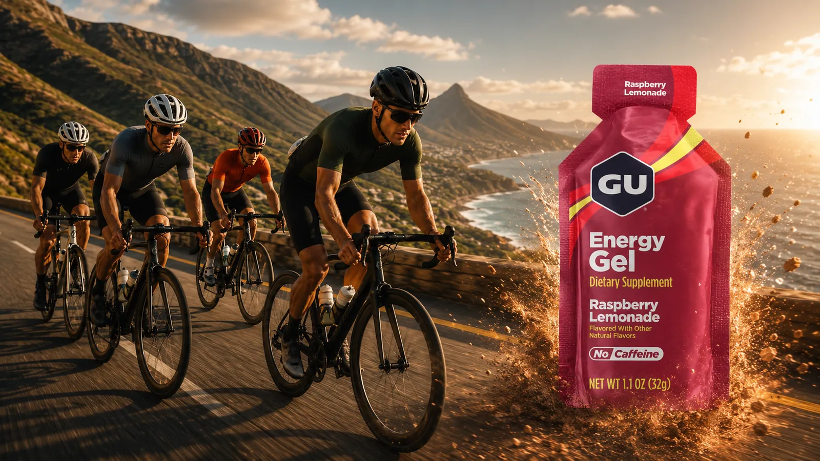Group of road cyclists riding a coastal mountain pass in South Africa