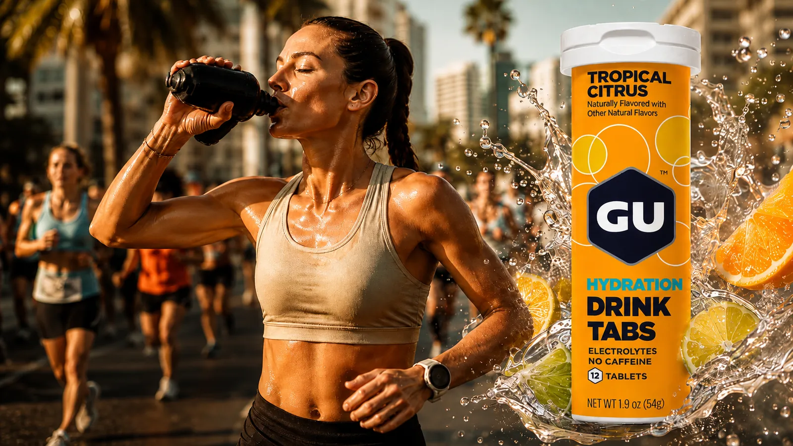 Marathon runner drinking from a handheld flask during a hot road race