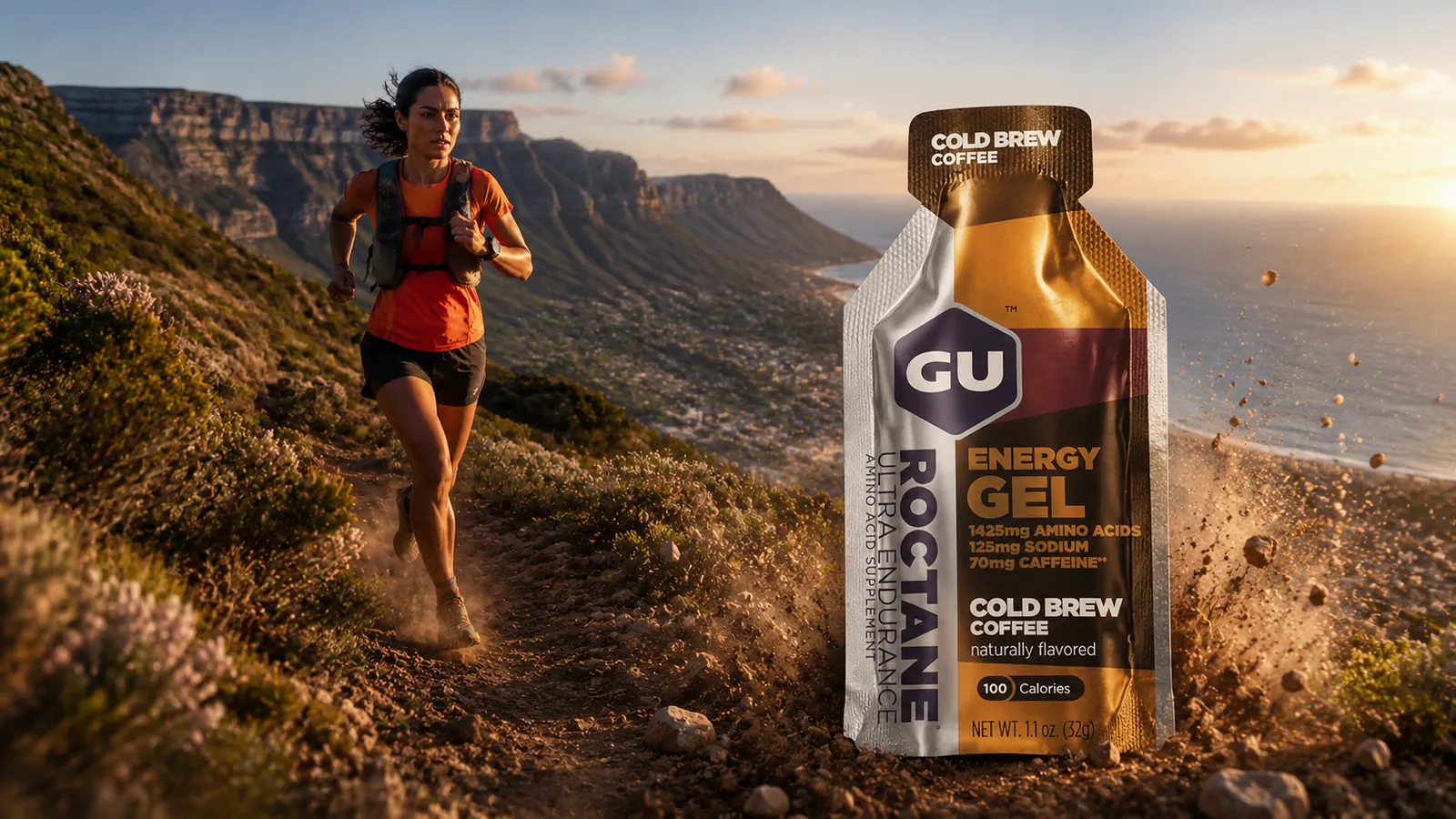 Trail runner climbing a mountain ridge above Cape Town at sunrise
