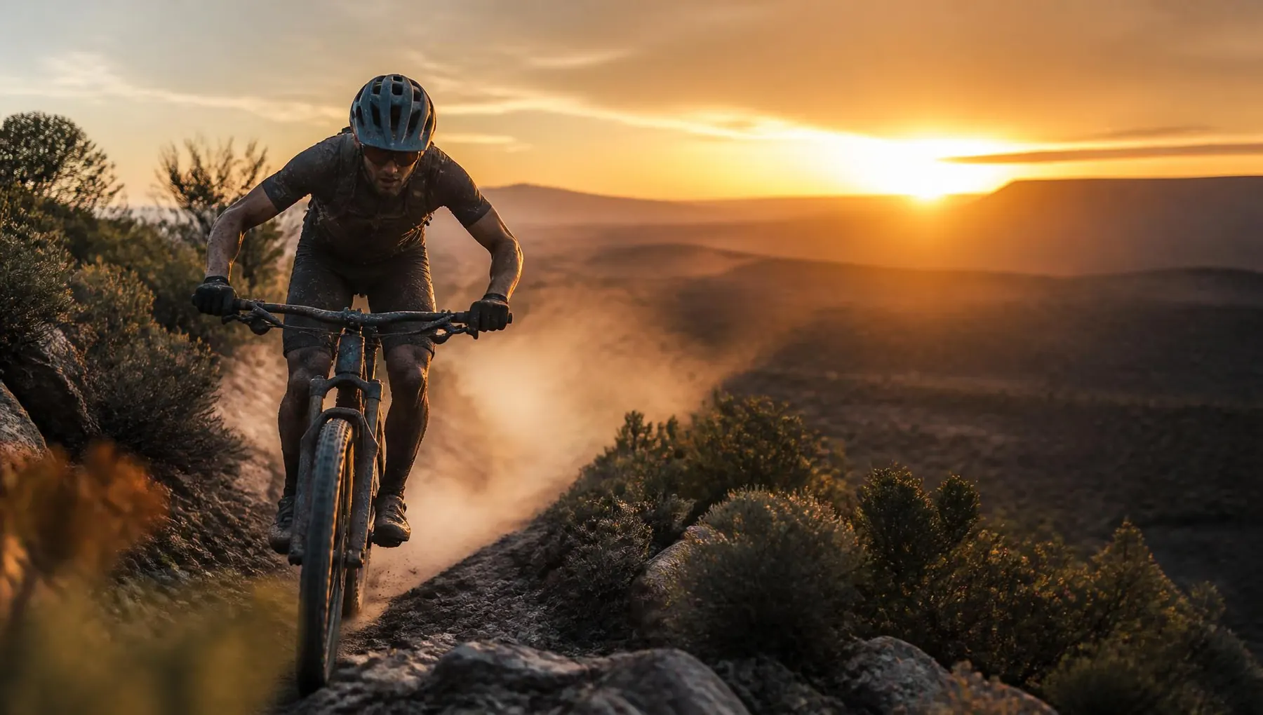 Mountain biker riding a dusty stage-race trail at sunset