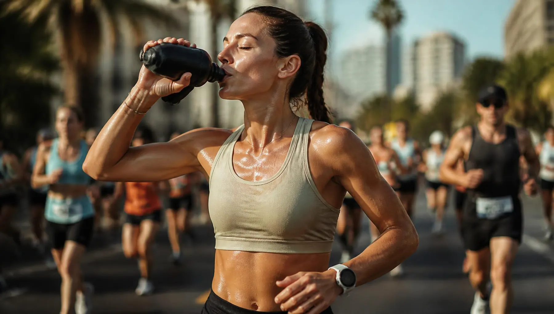 Runners racing through a South African city road race in summer heat
